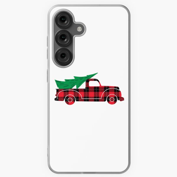 Item preview, Holiday design with old fashioned pick up truck carrying Christmas Tree in Red and black Plaid winter pattern designed and sold by Jdawnink.