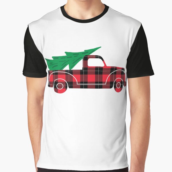 Vista previa del artículo con la obra «Diseño navideño con camioneta antigua que transporta un árbol de Navidad con patrón invernal a cuadros rojos y negros.», diseñado y vendido por Jdawnink.