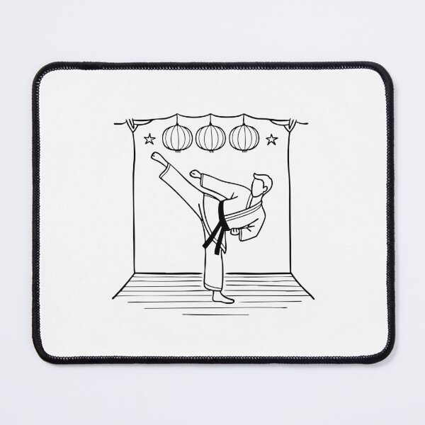 Item preview, Karate student executing a high kick in a traditional dojo designed and sold by rasagamastore.