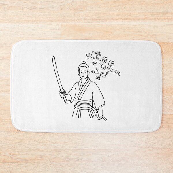 Item preview, Samurai holding a katana and scabbard at his waist, beside cherry blossom tree designed and sold by rasagamastore.