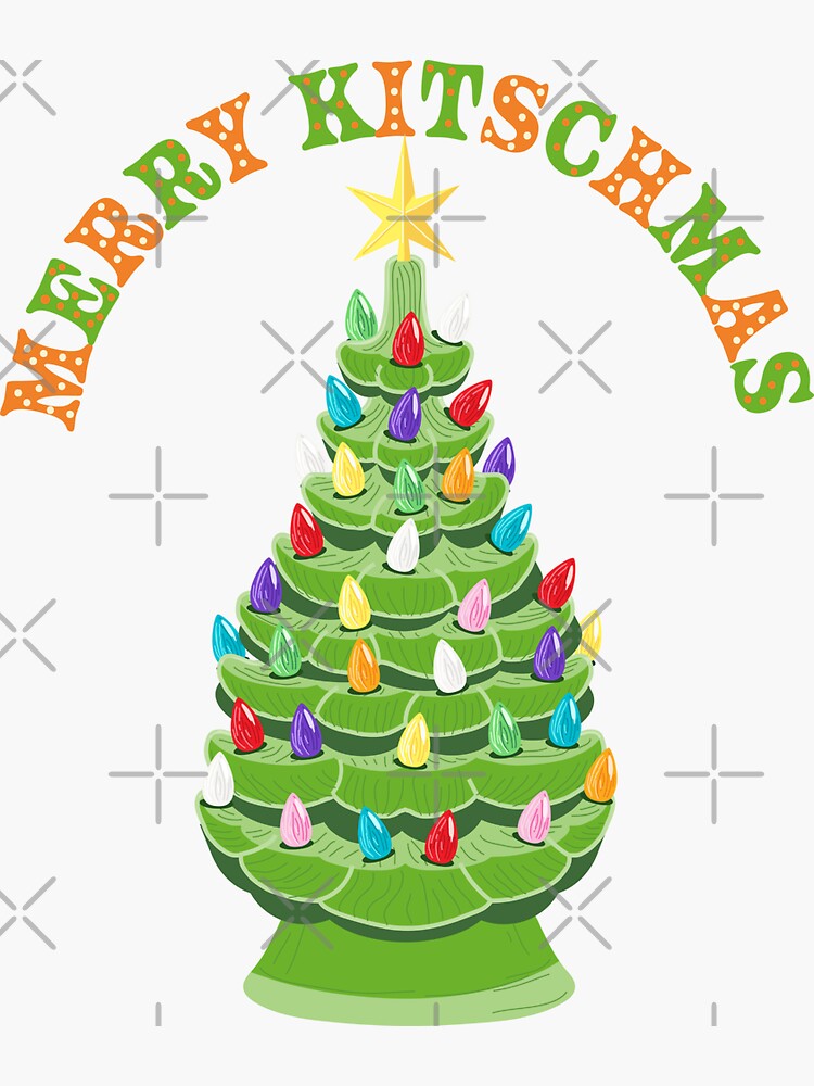 Thumbnail 3 of 3, Sticker, Merry Kitschmas Christmas Ceramic Christmas Tree Greeting Design designed and sold by Jdawnink.