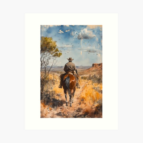 Item preview, Our land. Original watercolour artwork. Australian Indigenous cowboy western painting. Digital art Print. Poster. Home Decor. designed and sold by organicflowart.