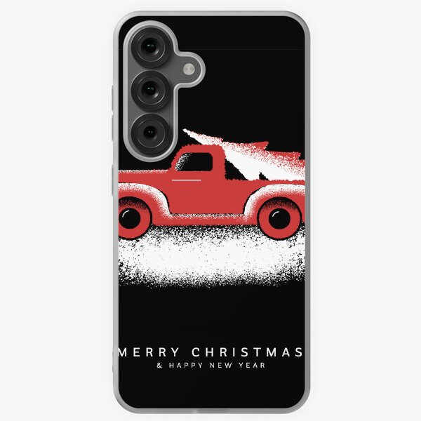 Item preview, Merry Christmas and Happy New Year greeting red pick up truck with tree design in red black and white colors designed and sold by Jdawnink.