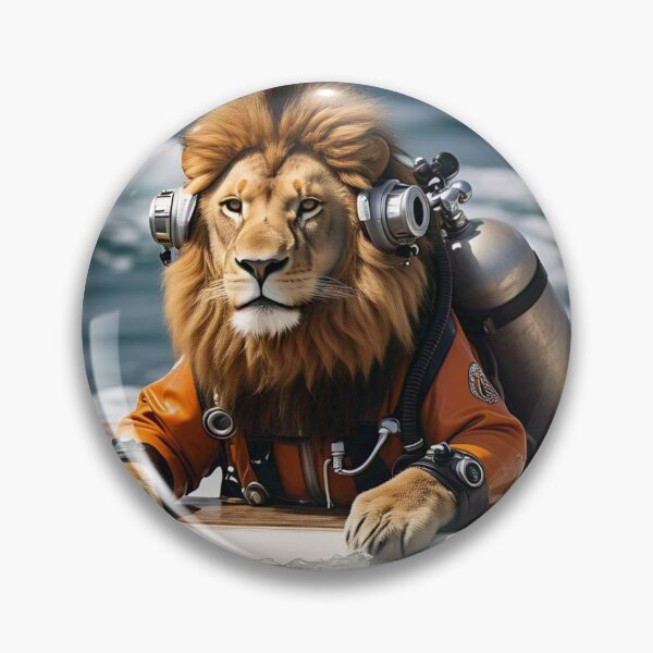Item preview, El león lleva un traje de buceo naranja con un tanque de buceo en la espalda, ubicado en lo que parece ser un bote en el océano. designed and sold by 2030shadow.