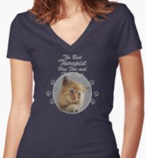Kitten with "the best therapist has fur and four legs" quote Women's Fitted V-Neck T-Shirt