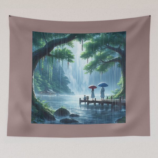 Item preview, Romantic Rainy Day by Waterfall Lake - Couple Under Umbrellas -  designed and sold by choder61.