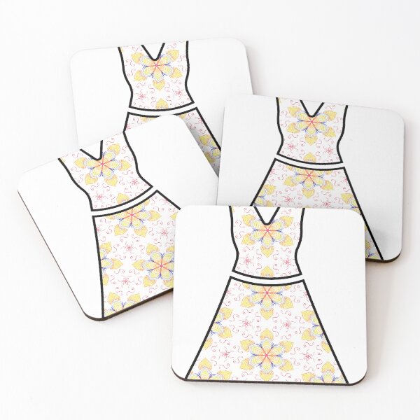 Artikelvorschau, Elegantes weißes Kleid mit zartem gelben und rosa floralen Arabeskenmuster, Aufkleber, Puppenkleidung entworfen und verkauft von Bulantanyong.