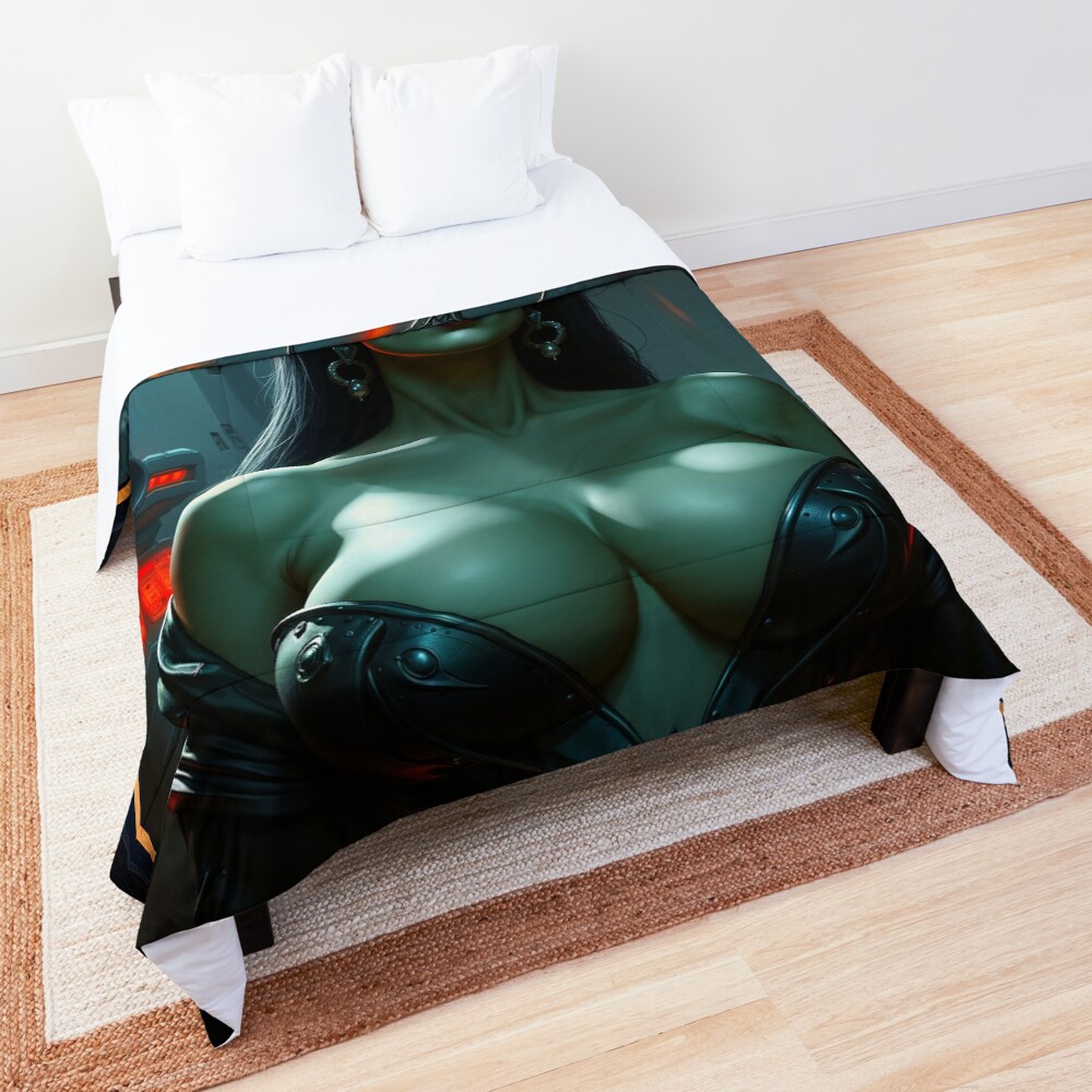 Futuristic Fantasy Portrait Of Virelle Alouette With Horned Headdress Striking AI Concept Art by Xzendor7 Decorative Art Print Comforter