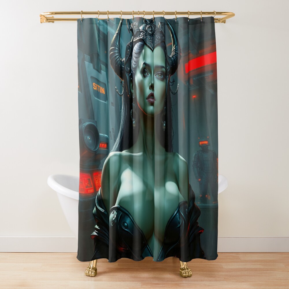 Futuristic Fantasy Portrait Of Virelle Alouette With Horned Headdress Striking AI Concept Art by Xzendor7 Decorative Art Print Shower Curtain