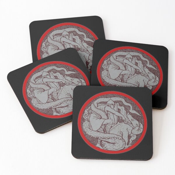 Item preview, Art by Mike Linocut, knight fighting with dragon, circle, dragon, ornament Celtic, Art Nouveau Middle Ages legend designed and sold by allartbymike.