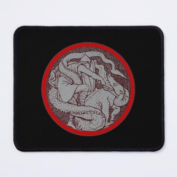 Item preview, Art by Mike Linocut, knight fighting with dragon, circle, dragon, ornament Celtic, Art Nouveau Middle Ages legend designed and sold by allartbymike.