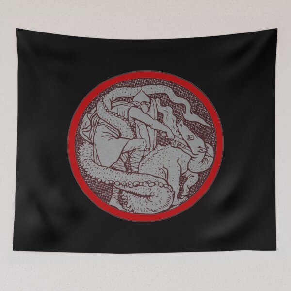 Item preview, Art by Mike Linocut, knight fighting with dragon, circle, dragon, ornament Celtic, Art Nouveau Middle Ages legend designed and sold by allartbymike.