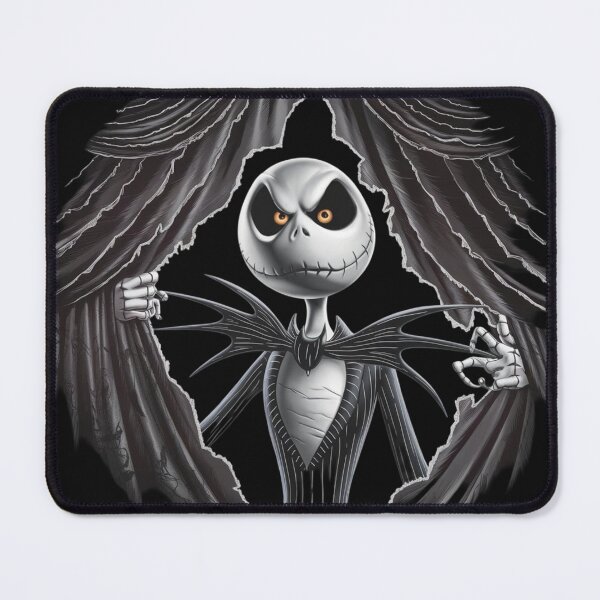 Item preview, Jack Skellington with a mischievous expression, peeking out from between layered, torn dark curtains designed and sold by 123ks.