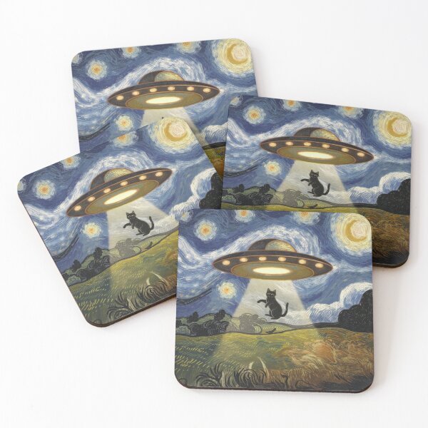 Item preview, A digital art piece with a Van Gogh style. There's a UFO with a glowing light hovering above a field. A black cat is being lifted into the UFO.  designed and sold by 123ks.