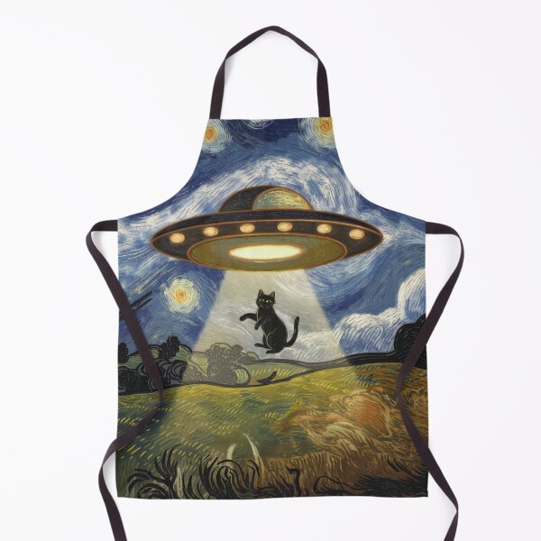 Item preview, A digital art piece with a Van Gogh style. There's a UFO with a glowing light hovering above a field. A black cat is being lifted into the UFO.  designed and sold by 123ks.