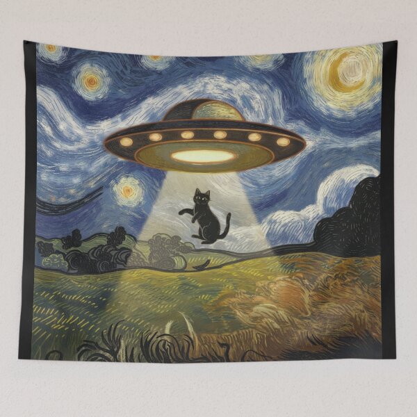 Item preview, A digital art piece with a Van Gogh style. There's a UFO with a glowing light hovering above a field. A black cat is being lifted into the UFO.  designed and sold by 123ks.