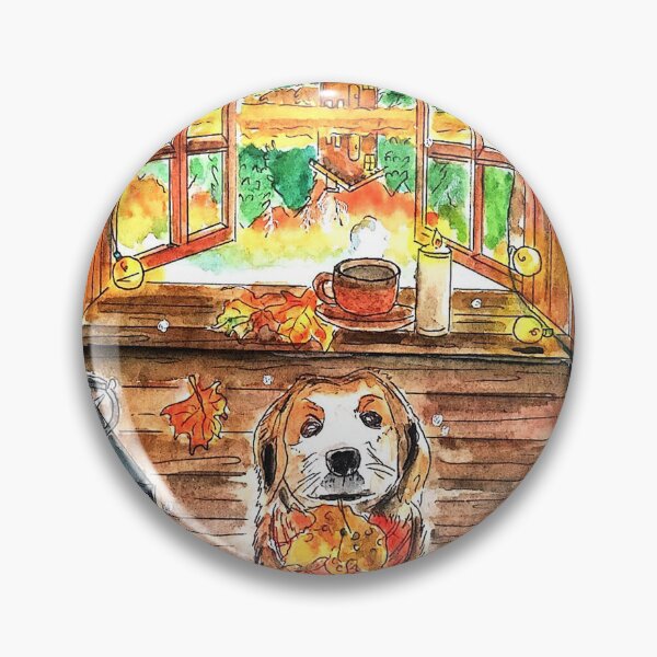 Item preview, Cozy Autumn Cabin with Cute Dog Fall Watercolor Illustration designed and sold by Green2711.