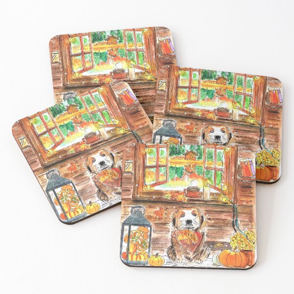 Item preview, Cozy Autumn Cabin with Cute Dog Fall Watercolor Illustration designed and sold by Green2711.