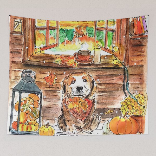 Item preview, Cozy Autumn Cabin with Cute Dog Fall Watercolor Illustration designed and sold by Green2711.