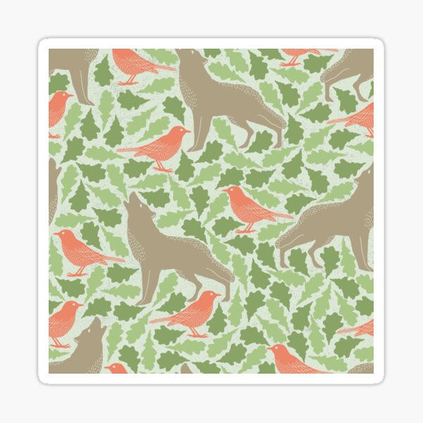 Aperçu de l'œuvre Motif vibrant d'oiseaux et de loups avec des feuilles vertes luxuriantes sur fond de forêt créée et vendue par Nouveaupattern.