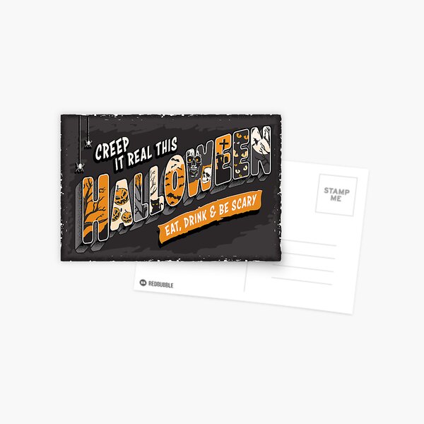 Vista previa del artículo con la obra «Creep it Real This Halloween - Diseño de tarjeta de felicitación aterradora estilo postal vintage con texto en 3D», diseñado y vendido por Jdawnink.