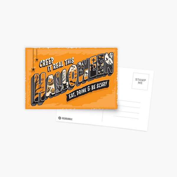 Vista previa del artículo con la obra «Creep it Real This Halloween - Diseño de tarjeta de felicitación aterradora estilo postal vintage con texto en 3D», diseñado y vendido por Jdawnink.