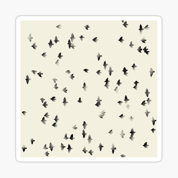Black flying birds silhouettes on beige background minimalist pattern. Pencil sketch modern japandi Sticker