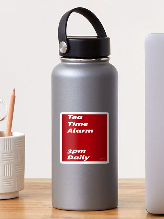 Thumbnail 1 of 3, Sticker, Tea Time Alarm - red square designed and sold by bywhacky.