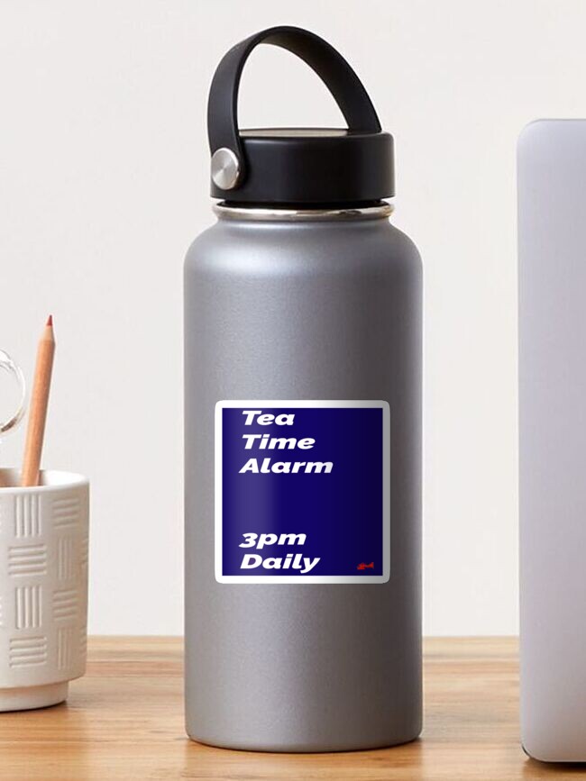 Thumbnail 1 of 3, Sticker, Tea Time Alarm - blue square designed and sold by bywhacky.