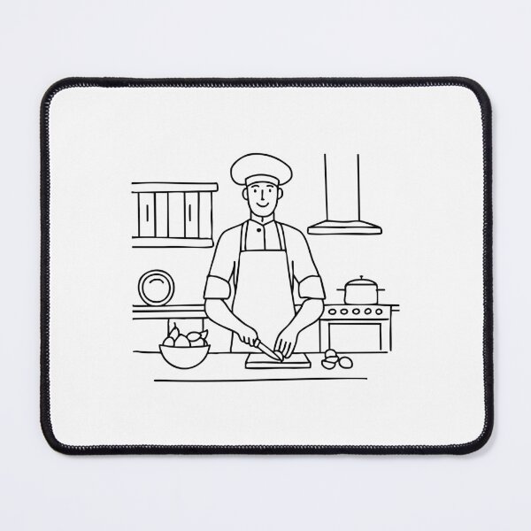 Aperçu de l'œuvre Chef hachant des ingrédients dans une cuisine avec des appareils en acier inoxydable et des armoires en bois créée et vendue par rasagamastore.