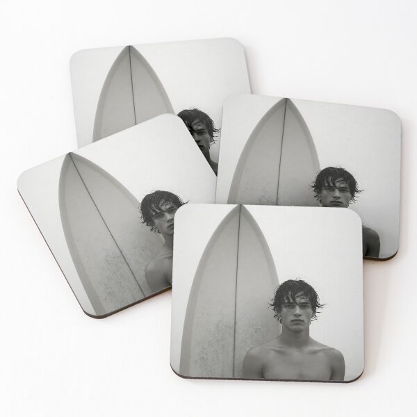Item preview, A young man stands beside a surfboard in a grainy black and white portrait, facing the camera with a serious expression designed and sold by homydesign.