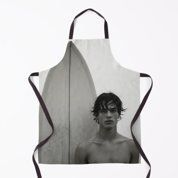 Item preview, A young man stands beside a surfboard in a grainy black and white portrait, facing the camera with a serious expression designed and sold by homydesign.