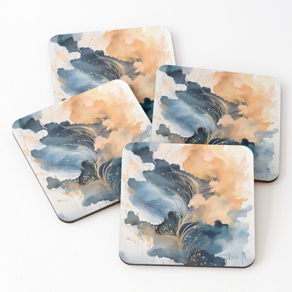 Item preview, Abstract watercolor with flowing blue and orange clouds, intertwined with delicate golden lines and specks designed and sold by homydesign.