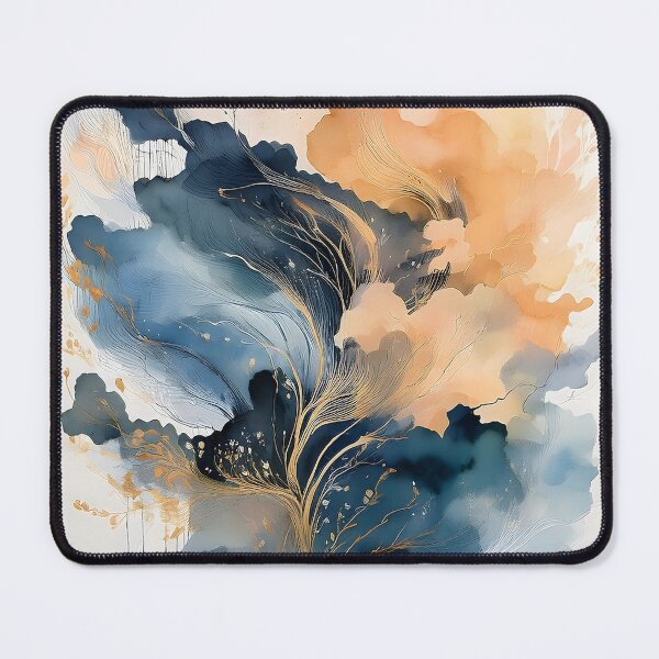 Item preview, Abstract watercolor with flowing blue and orange clouds, intertwined with delicate golden lines and specks designed and sold by homydesign.