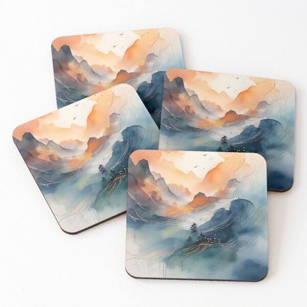 Item preview, A watercolor landscape with misty mountains and a solitary tree, blending warm and cool hues in a serene, abstract composition designed and sold by homydesign.