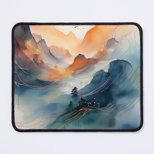 Item preview, A watercolor landscape with misty mountains and a solitary tree, blending warm and cool hues in a serene, abstract composition designed and sold by homydesign.