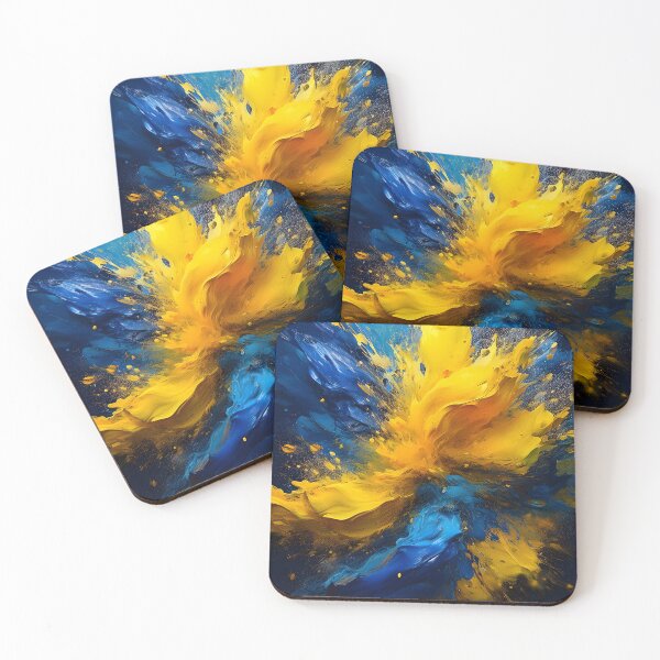 Item preview, A dynamic explosion of yellow paint bursts against a dark blue background, creating a sense of energy and motion designed and sold by homydesign.