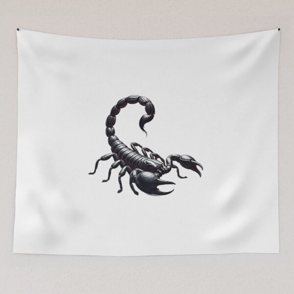 Item preview, A detailed black scorpion with a segmented tail and large pincers, rendered with a white background designed and sold by homydesign.
