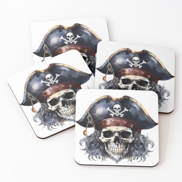 Item preview, A pirate skull with a tricorn hat, eye patch and long gray hair, watercolor style designed and sold by homydesign.