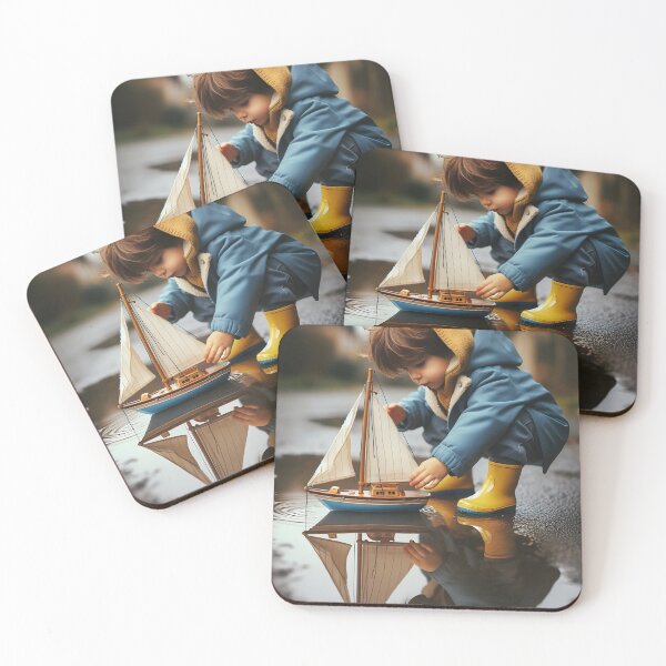 Item preview, A young child in a blue coat plays with a toy sailboat in a puddle, capturing a moment of playful exploration designed and sold by homydesign.