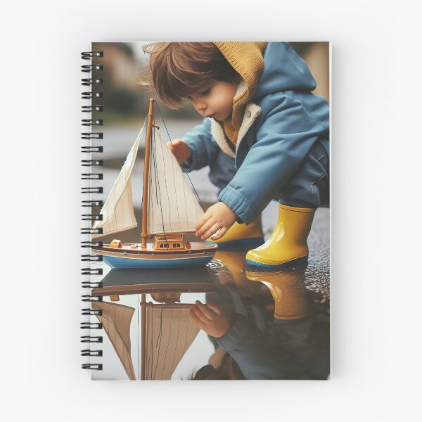 Item preview, A young child in a blue coat plays with a toy sailboat in a puddle, capturing a moment of playful exploration designed and sold by homydesign.
