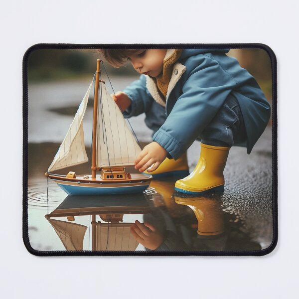 Item preview, A young child in a blue coat plays with a toy sailboat in a puddle, capturing a moment of playful exploration designed and sold by homydesign.