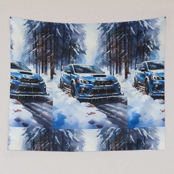 Item preview, Dynamic Watercolor Style With Vibrant Blue Rally Car In Snowy Forest designed and sold by RevUpDesign.