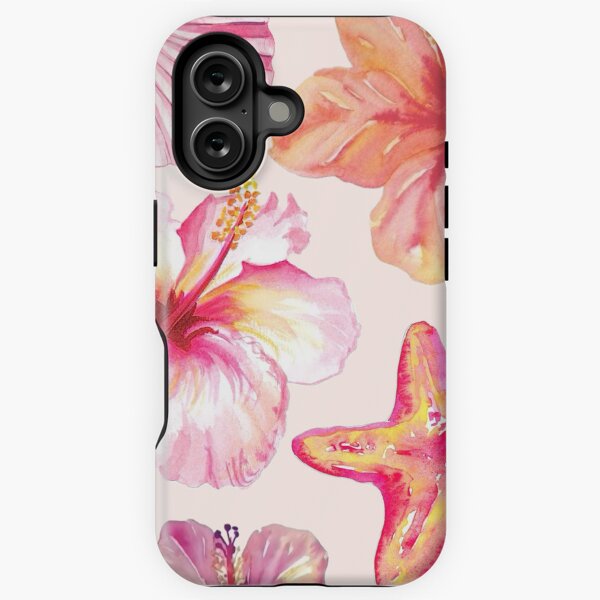 Aperçu de l'œuvre Fleur d'hibiscus orange et rose avec étoile de mer et coquillage créée et vendue par SugarCase.