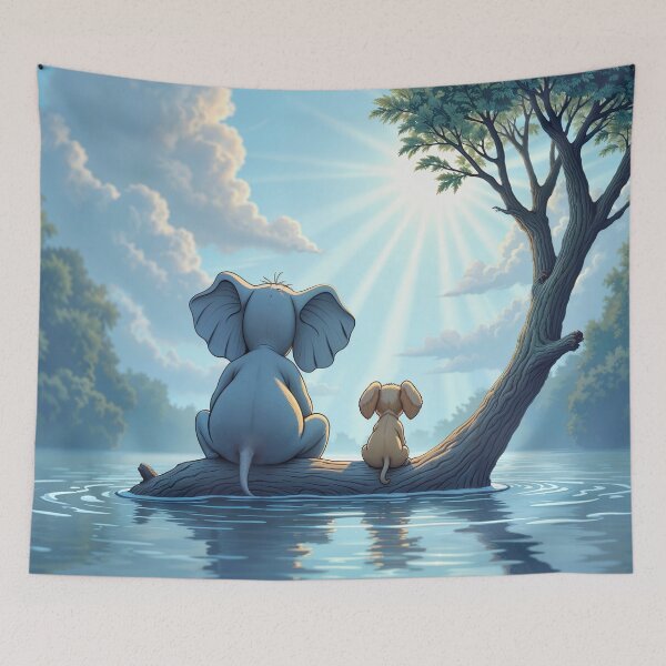 Item preview,  elephant and dog sit on a tree escaping from the flood designed and sold by Mike Kiev art.
