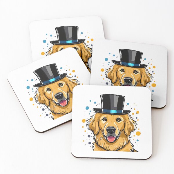 Item preview, happy smiling golden retriever dog cartoon wearing top hat with paint splats designed and sold by planetgolden.