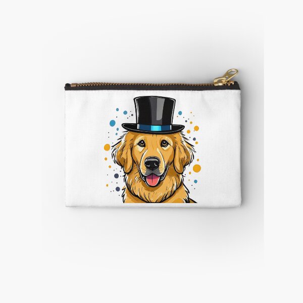 Item preview, happy smiling golden retriever dog cartoon wearing top hat with paint splats designed and sold by planetgolden.