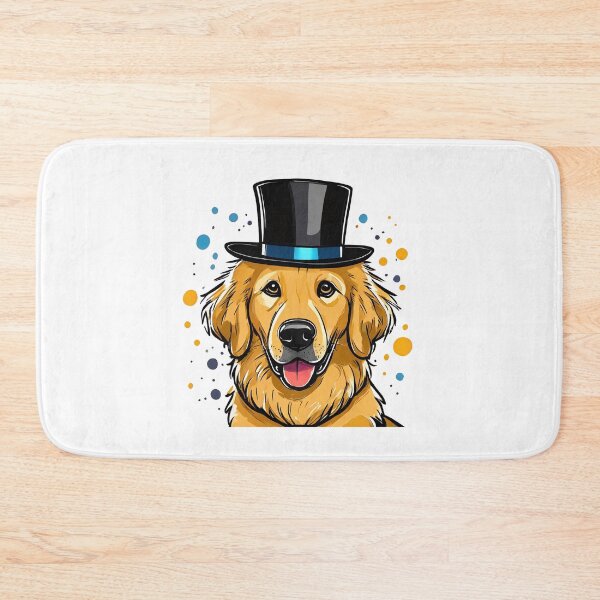 Item preview, happy smiling golden retriever dog cartoon wearing top hat with paint splats designed and sold by planetgolden.