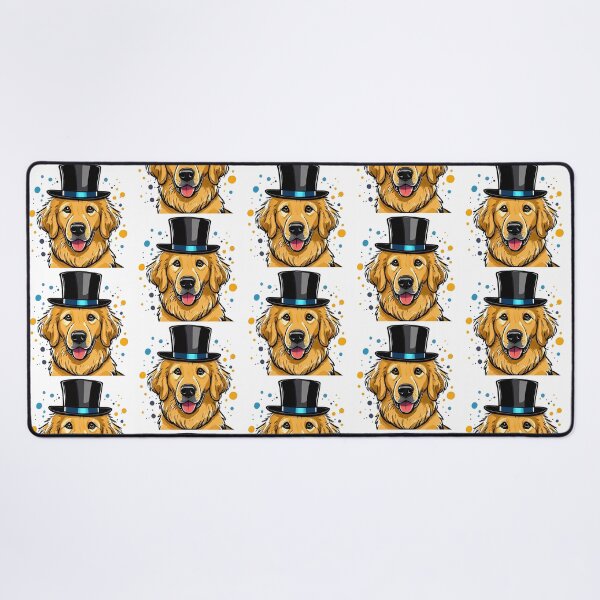 Item preview, happy smiling golden retriever dog cartoon wearing top hat with paint splats designed and sold by planetgolden.