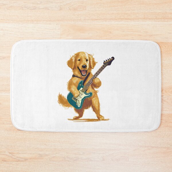 Item preview, happy golden retriever dog playing blue electric guitar designed and sold by planetgolden.